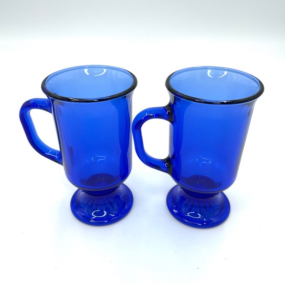 Vintage Anchor Hocking Cobalt Blue Footed 7oz Irish Coffee Mug Lot of 2 - Picture 2 of 7
